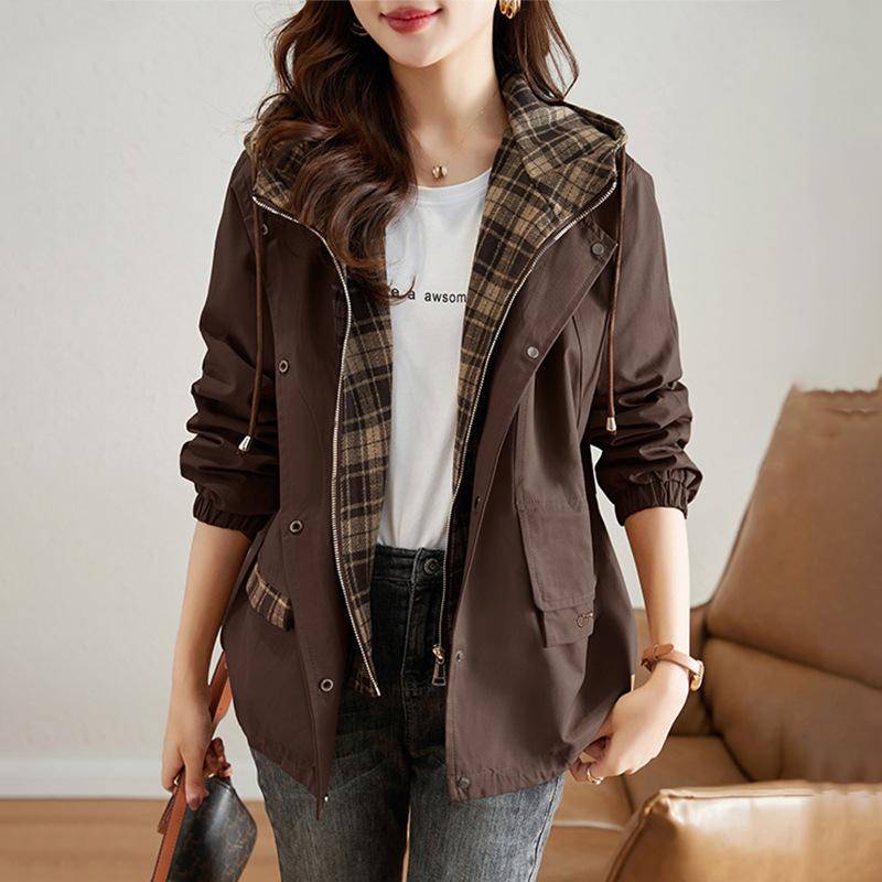 Korean Fashion Kurze Kapuze Windjacke Langarm Lose Beiläufige Outwear Mäntel Frauen Herbst Trenchcoat Frau XL kaffeebraun von Joom DACH