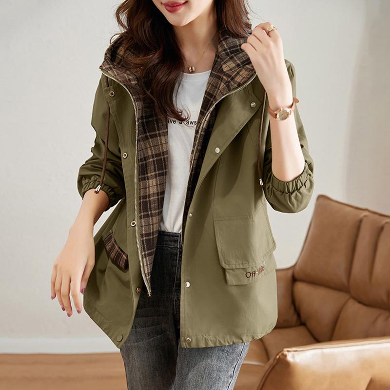 Korean Fashion Kurze Kapuze Windjacke Langarm Lose Beiläufige Outwear Mäntel Frauen Herbst Trenchcoat Frau XXL grün von Joom DACH