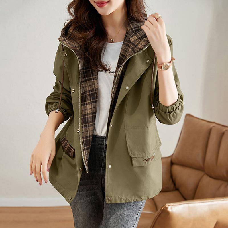 Korean Fashion Kurze Kapuze Windjacke Langarm Lose Beiläufige Outwear Mäntel Frauen Herbst Trenchcoat Frau XXL grün von Joom DACH