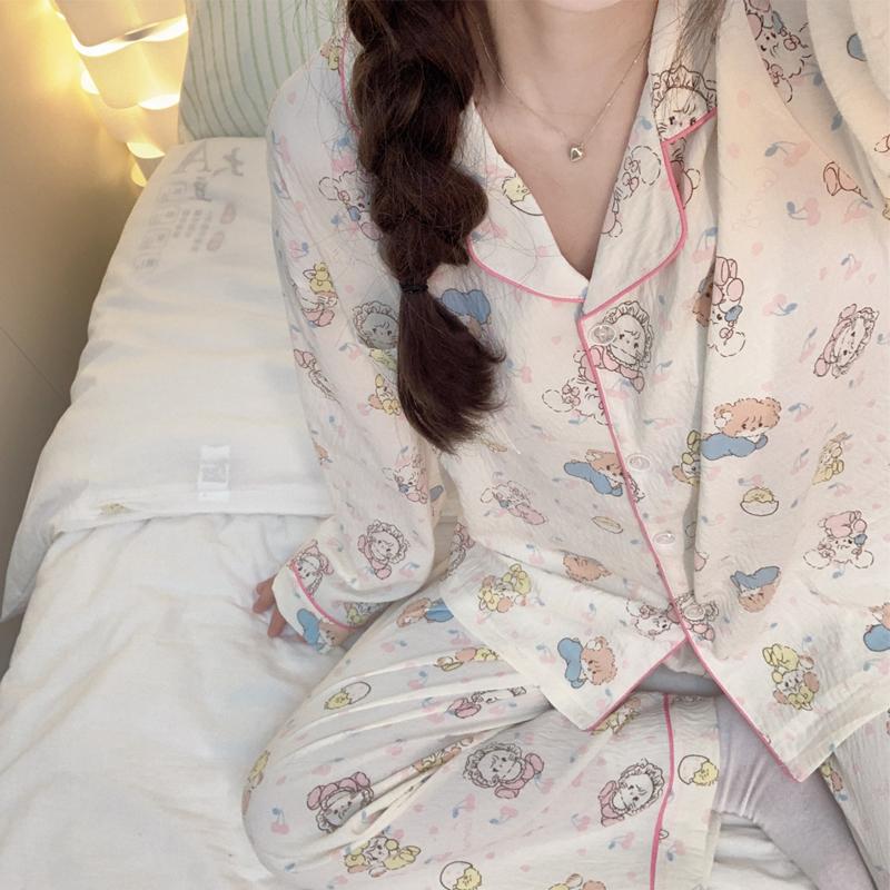 Koreanische Damen-Pyjamas Herbst Frühling Langarm Weiche Nachtwäsche Set Floral Niedliche Cartoon Pyjama Frau Home Nachtwäsche Set Strickjacke XXL von Joom DACH