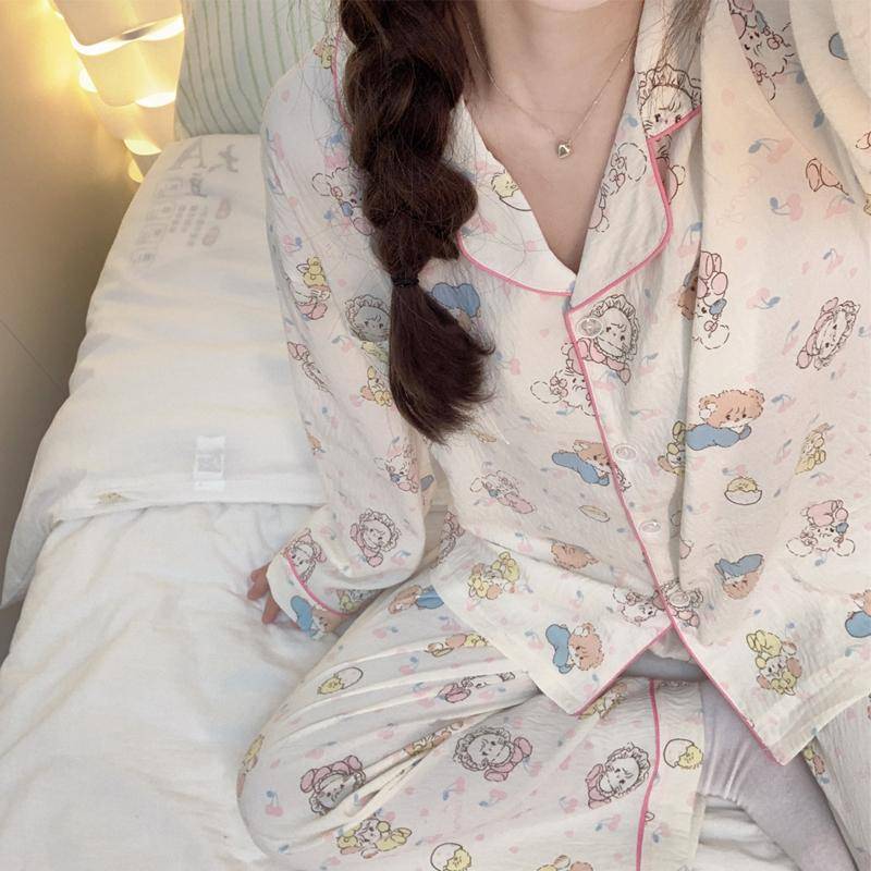Koreanische Damen-Pyjamas Herbst Frühling Langarm Weiche Nachtwäsche Set Floral Niedliche Cartoon Pyjama Frau Home Nachtwäsche Set Strickjacke XXL von Joom DACH
