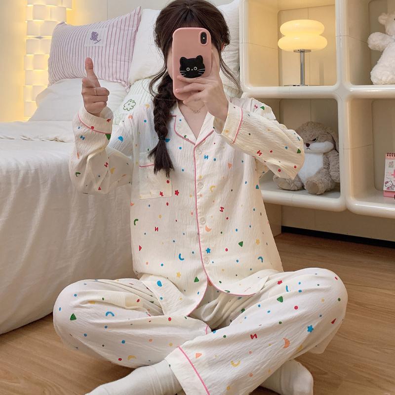 Koreanische Damen-Pyjamas Herbst Frühling Langarm Weiche Nachtwäsche Set Floral Niedliche Cartoon Pyjama Frau Home Nachtwäsche Set Strickjacke XXL von Joom DACH