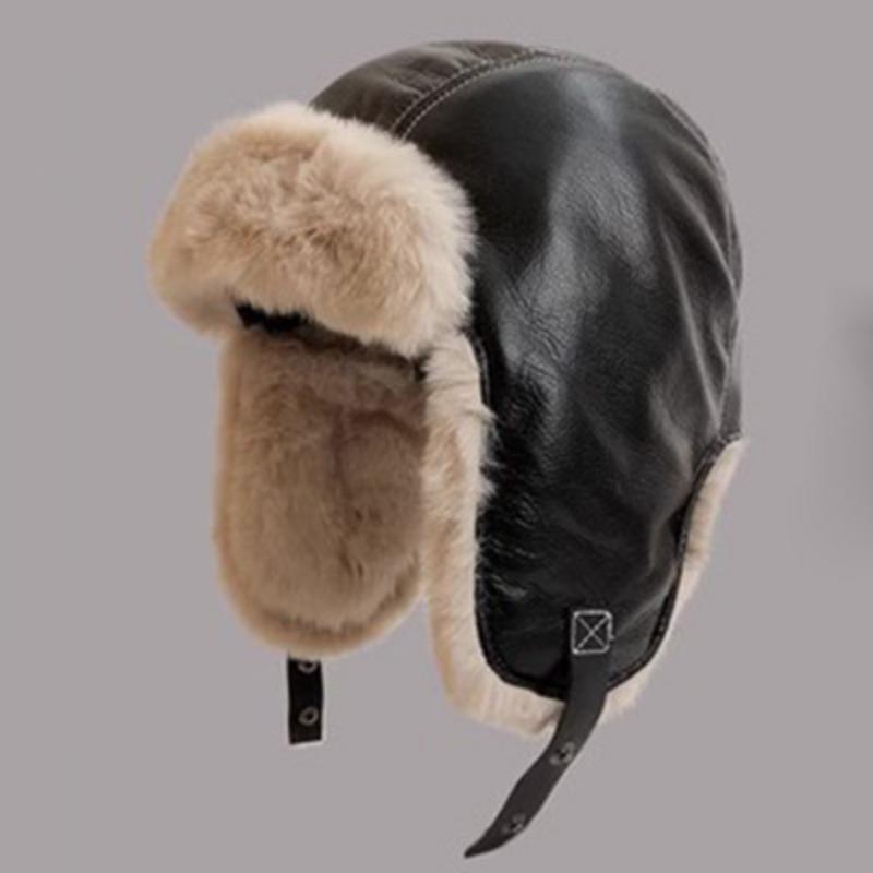 Koreanische Herbst- und Winter-Retro-Pilotenmütze PU-Leder Plüsch Lei Feng Mütze Herren und Damen Reiten Warm Ohrenschutz Skimütze von Joom DACH