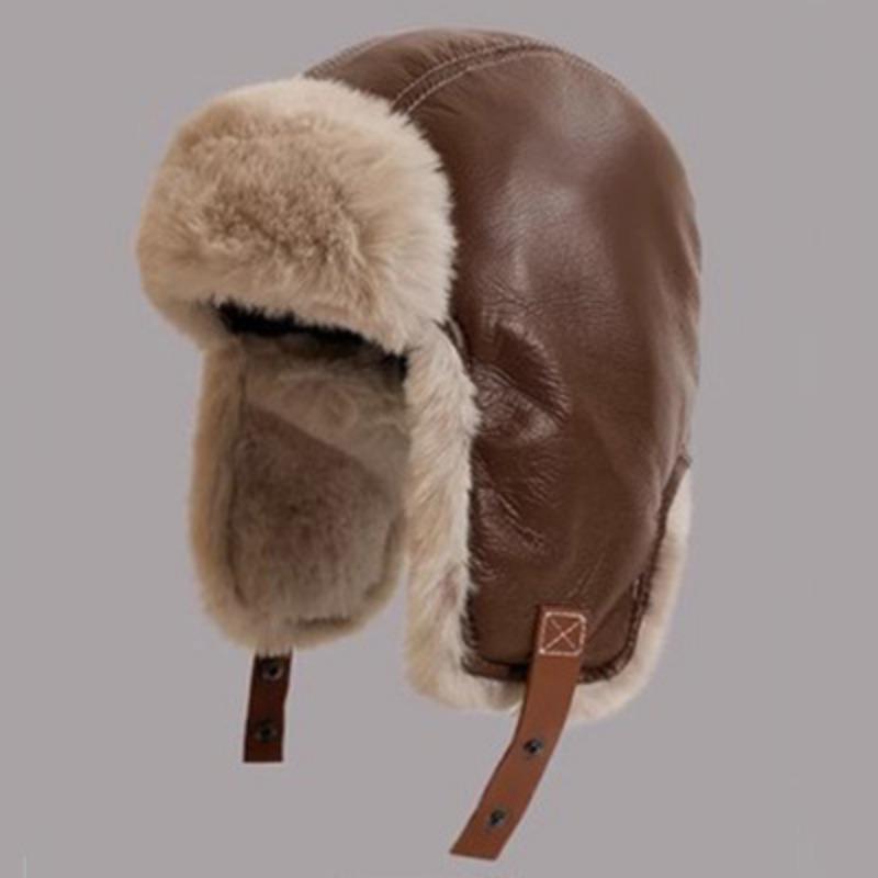 Koreanische Herbst- und Winter-Retro-Pilotenmütze PU-Leder Plüsch Lei Feng Mütze Herren und Damen Reiten Warm Ohrenschutz Skimütze von Joom DACH