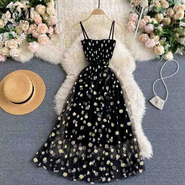 Koreanische Mode Daisy Blume Print Mesh Party Kleid Sommer Zwei Schichten Spaghetti Strap Urlaub Midi Kleid Strand M schwarz von Joom DACH