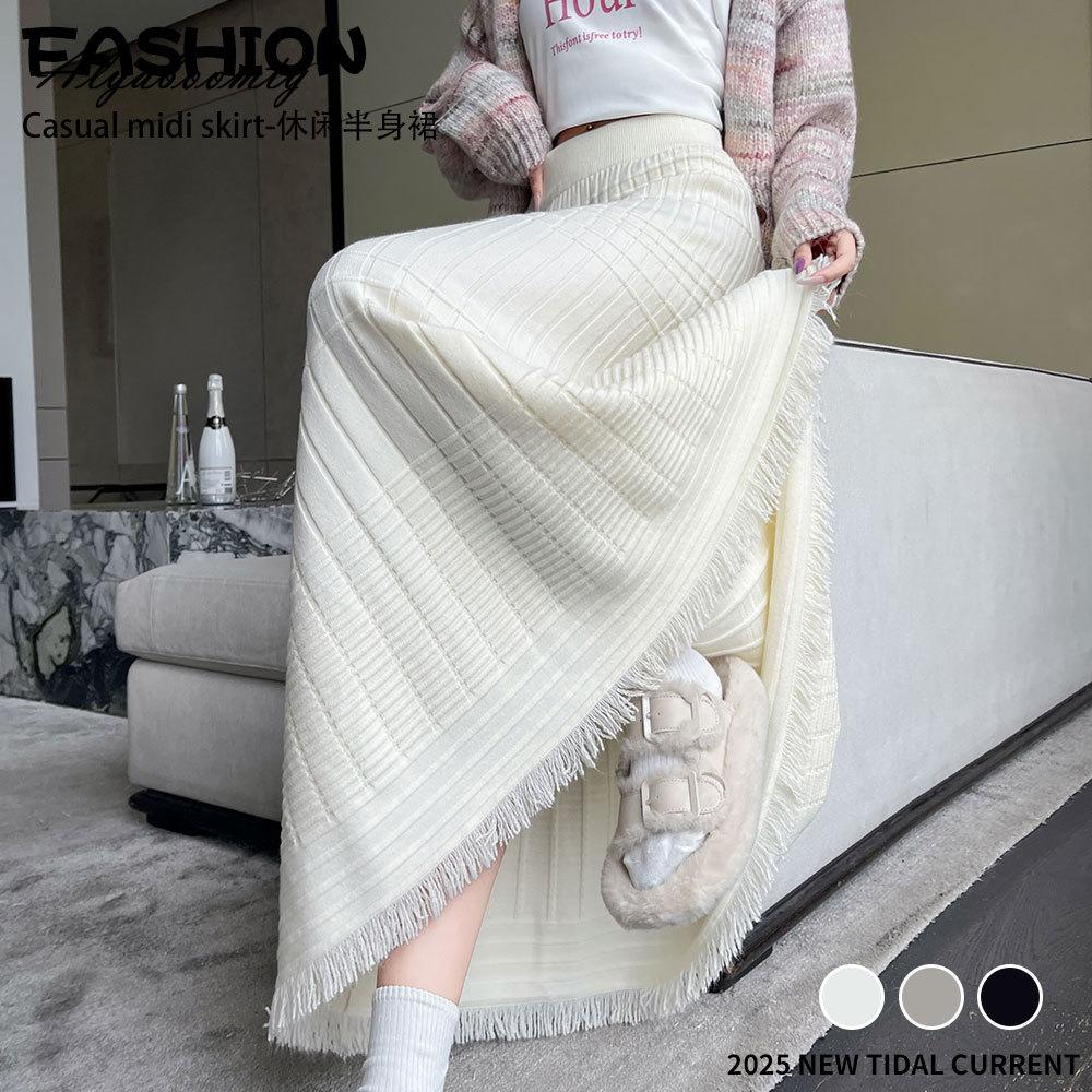 Koreanische Mode Herbst Winter Damen Midi Warmer Rock Hohe Taille Beige Schwarz Khaki Strickrock Quaste Meerjungfrau Gestrickt Dicke Röcke One Size beige von Joom DACH