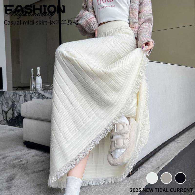 Koreanische Mode Herbst Winter Damen Midi Warmer Rock Hohe Taille Beige Schwarz Khaki Strickrock Quaste Meerjungfrau Gestrickt Dicke Röcke One Size beige von Joom DACH