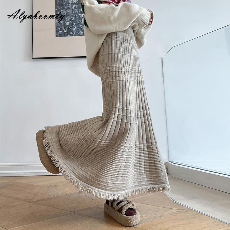 Koreanische Mode Herbst Winter Damen Midi Warmer Rock Hohe Taille Beige Schwarz Khaki Strickrock Quaste Meerjungfrau Gestrickt Dicke Röcke One Size von Joom DACH