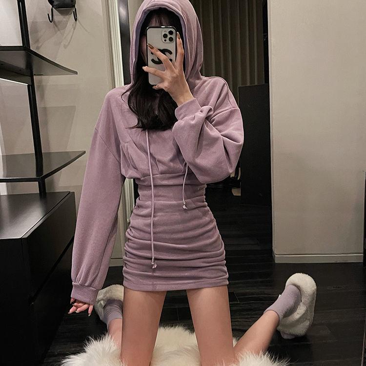 Koreanische Mode Kapuzenpullover Wickelhüftkleid Damen Herbst Kurzes Kleid Lila Taille Langarm Y2K Rock S schwarz von Joom DACH