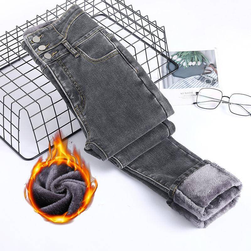 Koreanische Mode Winter Dicke Samt Frauen Hohe Taille Dünne Jeans Einfache Fleece Warme Slim Fit Stretch Damen Casual Denim Hosen 32 von Joom DACH