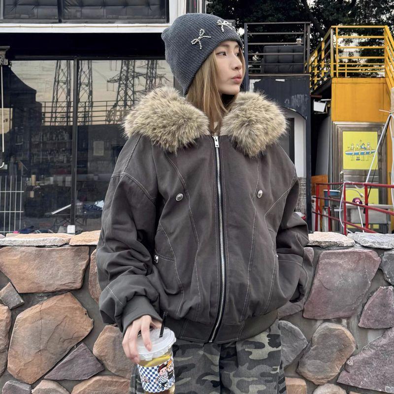 Koreanische Version Damen Schwarz Mode Übergröße Kapuzen-Reißverschluss-Parka Winter Grau Warm Locker Baumwollmantel Dick Lässig Trendig M von Joom DACH