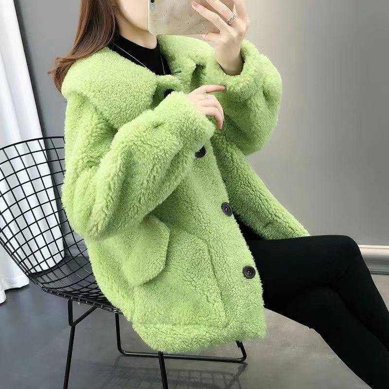 Koreanische Version Einfarbige Fellintegrierte Lockere Kurze Jacke für Damen Neu Winter Puppenkragen Doppelseitiges Fleece Pillingfreier Fleece Mantel 2XL grün von Joom DACH