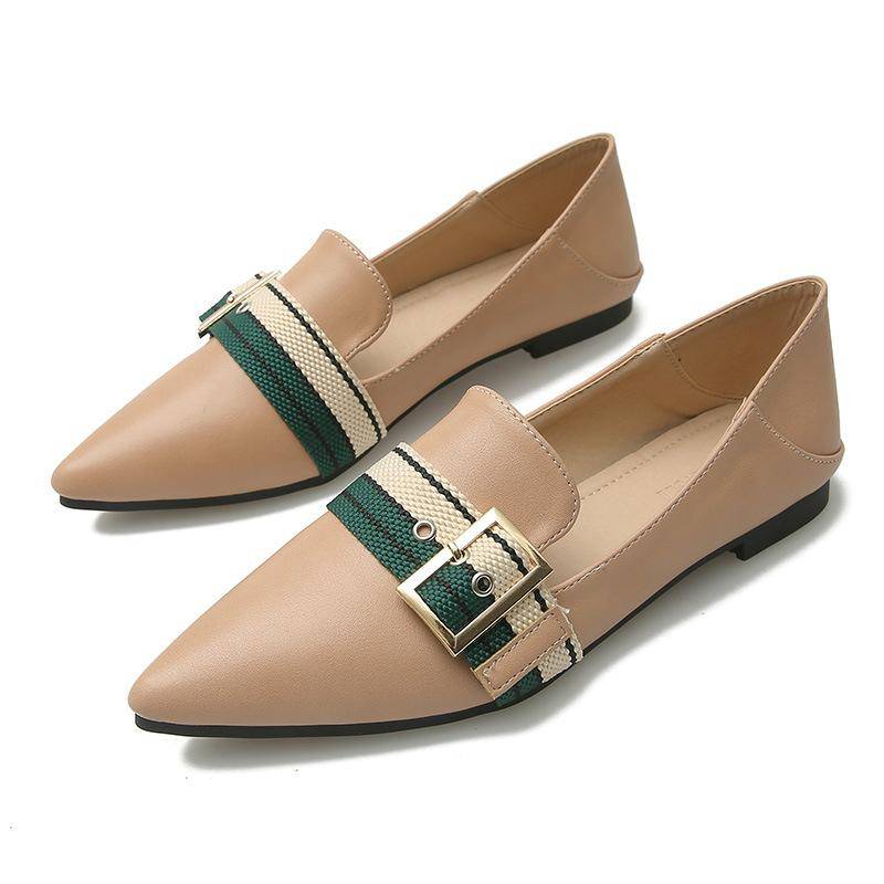 Koreanische Version der neuen spitz zulaufenden Einzel-Schuhe Gürtelschnalle Flache Slipper Kleine Lederschuhe Weichsohlige Schuhe für Schwangere 43 braun von Joom DACH