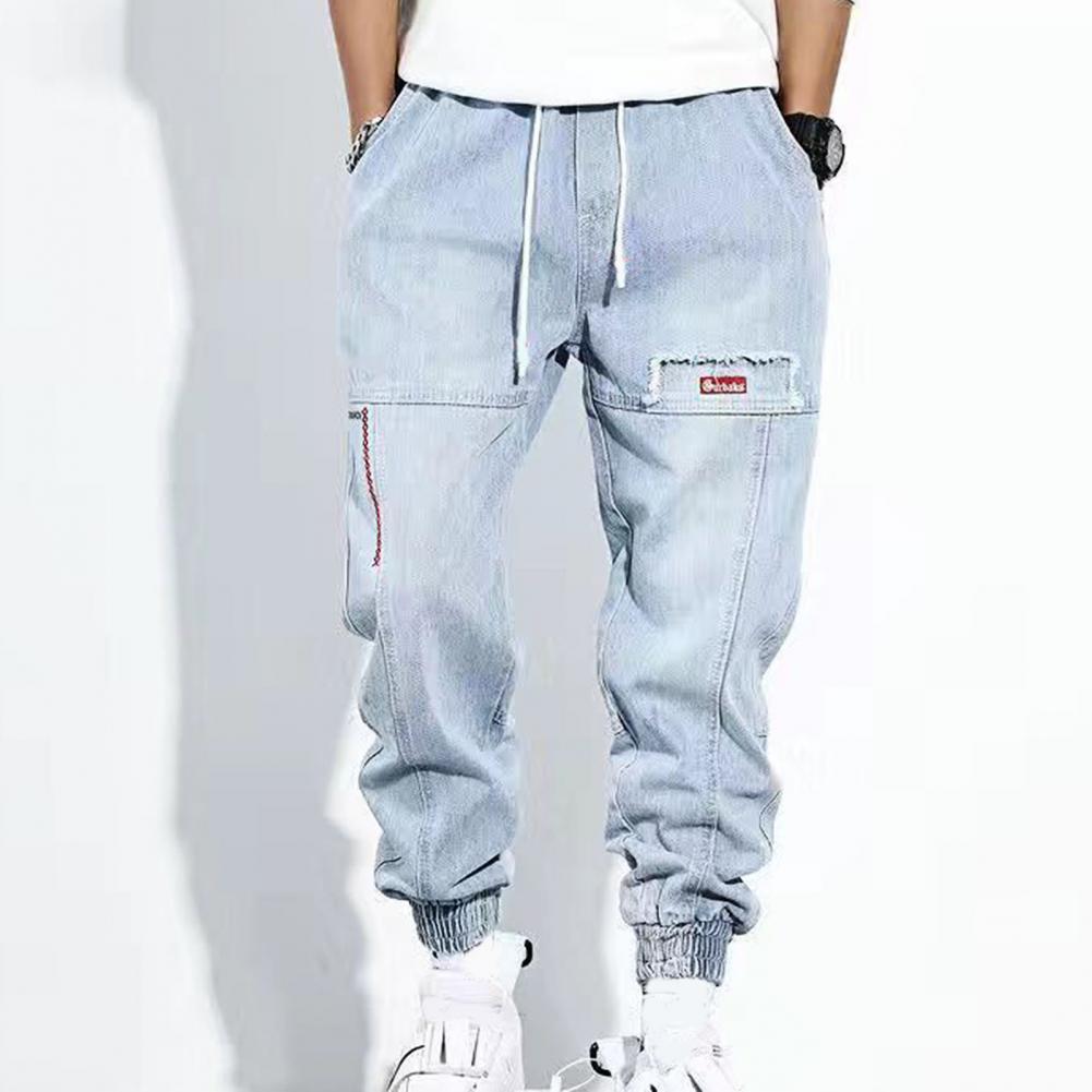 Koreanische Version des Workwear-Jeans-Trends Helle Hip-Hop-Jeans mit lockerem Kordelzug für Jugendliche mit kleinen Füßen und Harlan-Hose für Männer in Übergröße XXL blau von Joom DACH