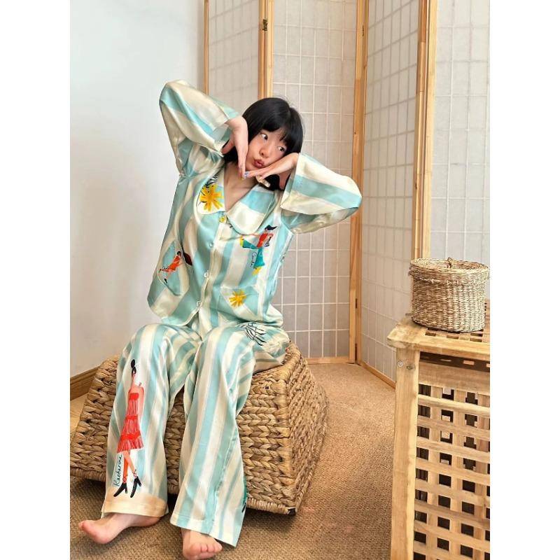 Koreanische Version von Ins Cartoon Puppe Hals Langarm Pyjamas für Damen Frühling Herbst Stile Pyjamas für Hauskleidung Kleider 4XL von Joom DACH