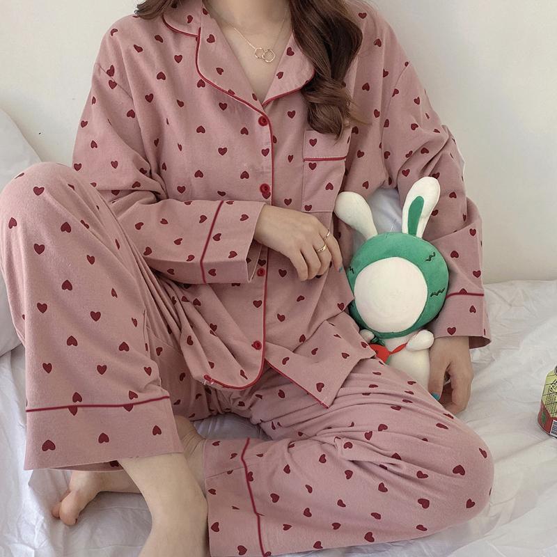 Koreanischen Stil Frühling Herbst Rest Pyjamas für Frauen Mode Langarm Hosen Hochwertige Elegante Komfortable Revers Loungewear XXL rosa von Joom DACH