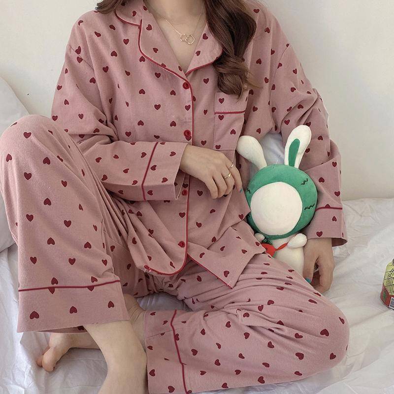 Koreanischen Stil Frühling Herbst Rest Pyjamas für Frauen Mode Langarm Hosen Hochwertige Elegante Komfortable Revers Loungewear XXL rosa von Joom DACH