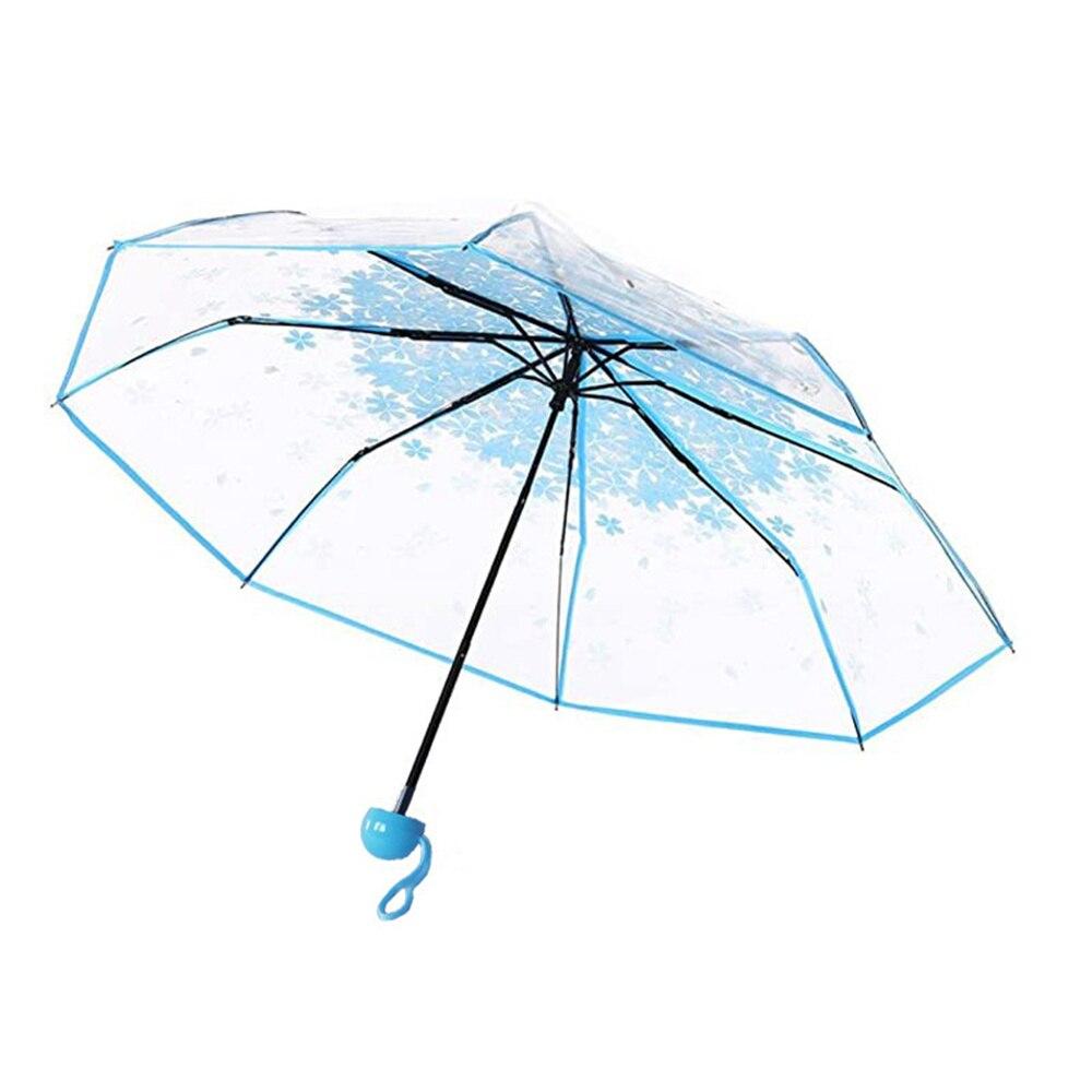 Koreanischer Regenschirm, faltbar, süßer koreanischer Mini-Regenschirm, frisch, einfache Sen-Serie, dreifach gefaltet, Kirschblüte, transparent, japanischer Regenschirm blau von Joom DACH