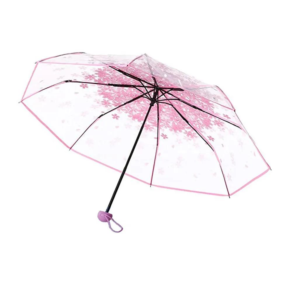 Koreanischer Regenschirm, faltbar, süßer koreanischer Mini-Regenschirm, frisch, einfache Sen-Serie, dreifach gefaltet, Kirschblüte, transparent, japanischer Regenschirm rosa von Joom DACH