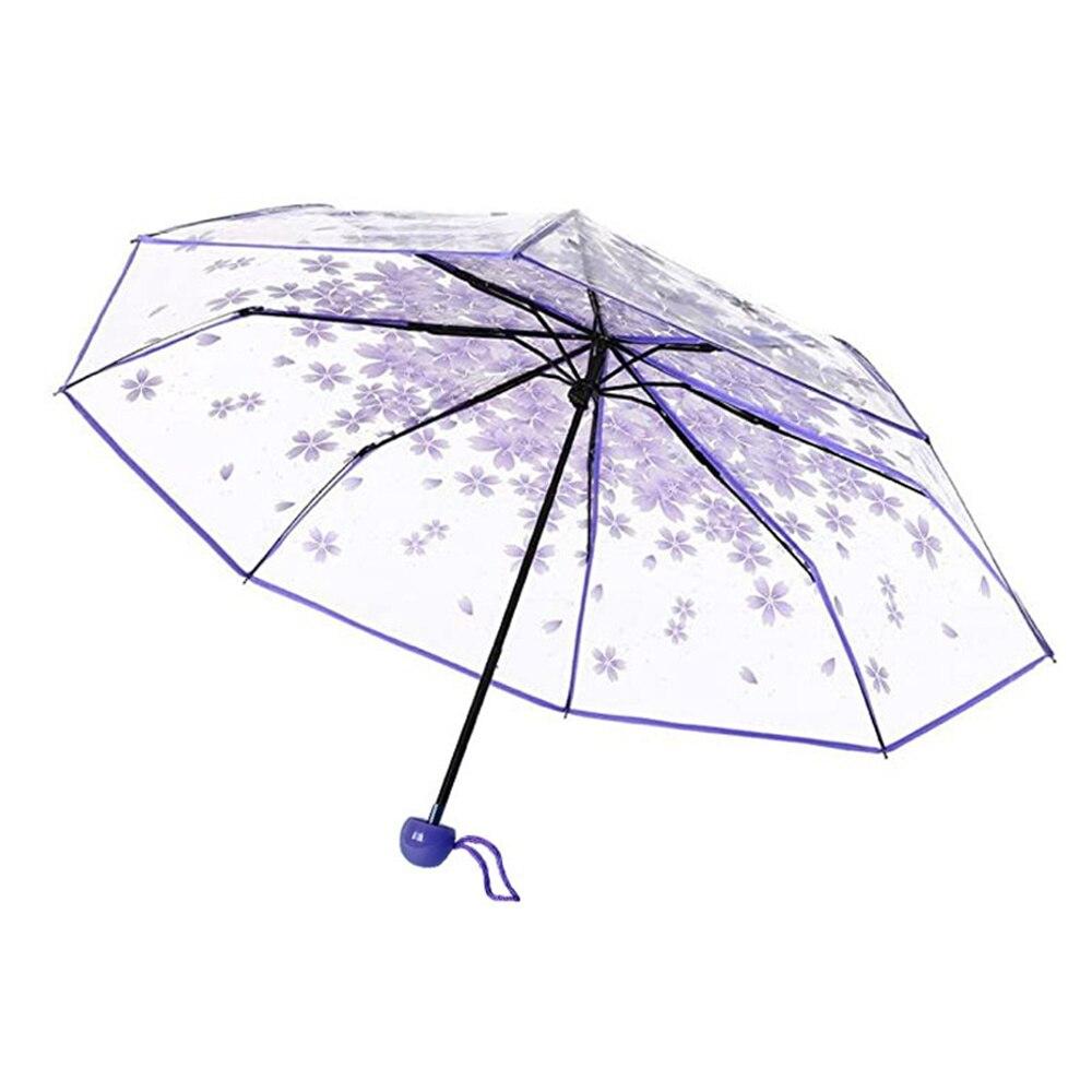Koreanischer Regenschirm, faltbar, süßer koreanischer Mini-Regenschirm, frisch, einfache Sen-Serie, dreifach gefaltet, Kirschblüte, transparent, japanischer Regenschirm violett von Joom DACH