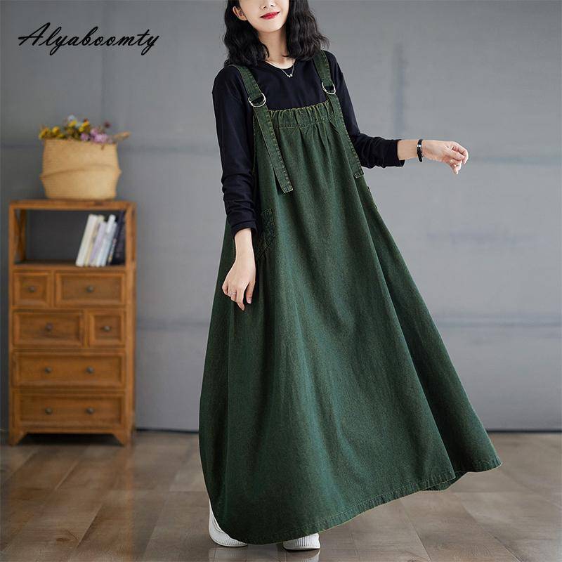 Koreanischer Stil Herbst Winter Frauen Plus Größe Midi Sommerkleid Hosenträger Braun Blau Grün Lässig Lose Kleid Ärmelloses Stilvolle Baggy Denim Kleid XXL grün von Joom DACH