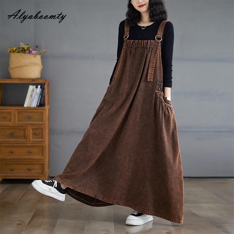 Koreanischer Stil Herbst Winter Frauen Plus Größe Midi Sommerkleid Hosenträger Braun Blau Grün Lässig Lose Kleid Ärmelloses Stilvolle Baggy Denim Kleid XXL von Joom DACH