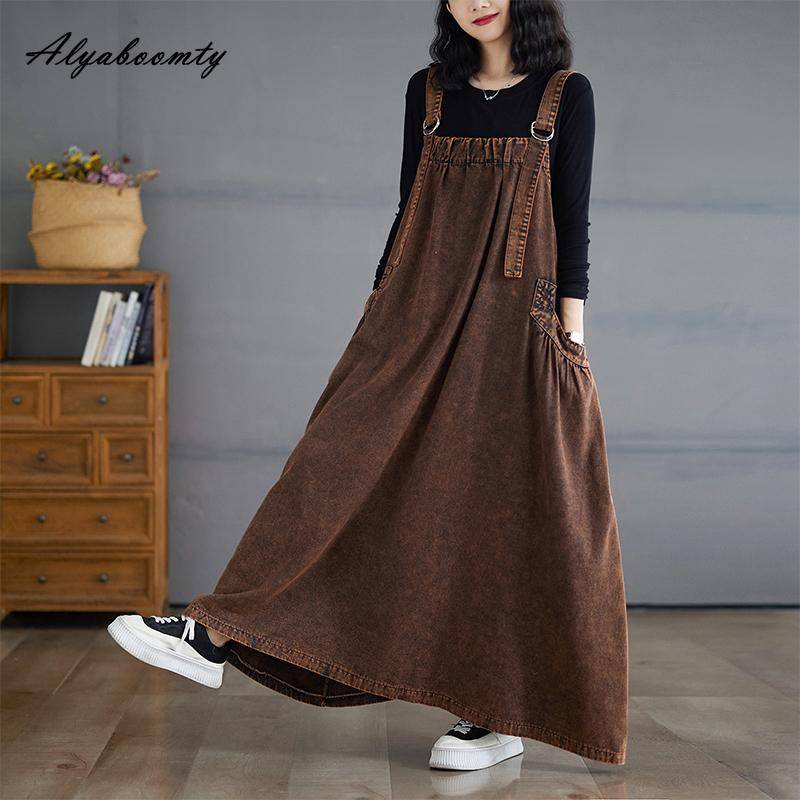 Koreanischer Stil Herbst Winter Frauen Plus Größe Midi Sommerkleid Hosenträger Braun Blau Grün Lässig Lose Kleid Ärmelloses Stilvolle Baggy Denim Kleid XXL von Joom DACH