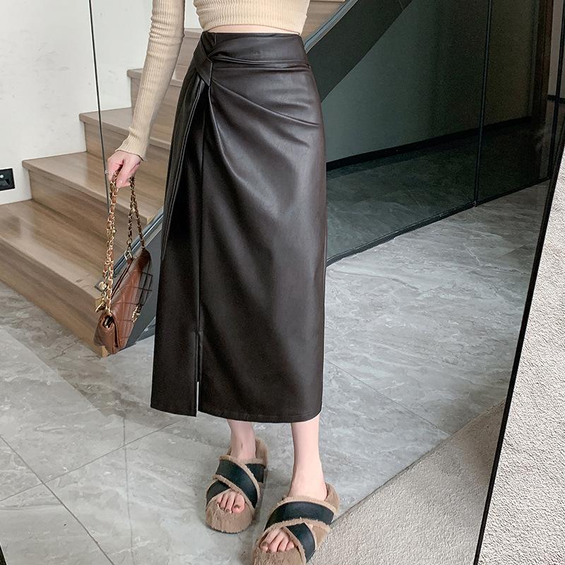 Koreanischer Stil Hohe Taille Schlank A-Linien-Rock Damen Schlitz Mittellang Gerade Hüfte PU-Lederrock 3XL von Joom DACH