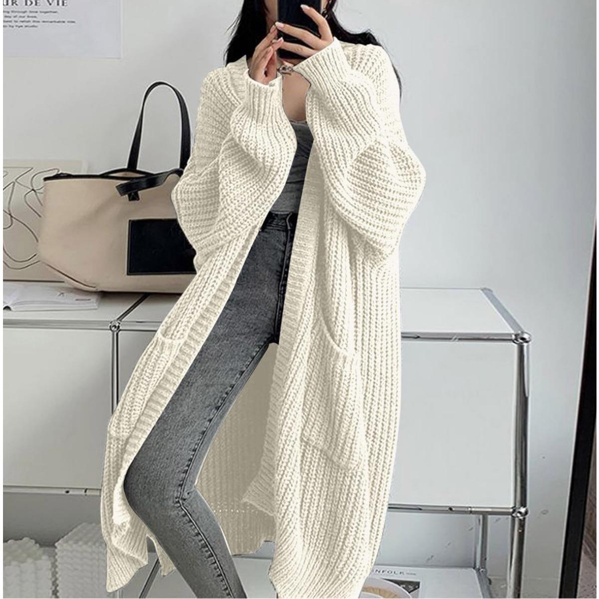 Koreanischer Stil Langer Überknie-Pullover Cardigan für Damen, Herbst- und Winter-Neue Kollektion, Lässiger Stil, Lockere und Dick Gestrickte Jacke für Damen XXL von Joom DACH