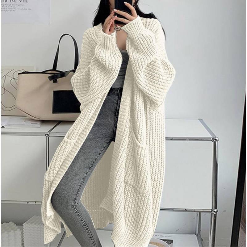 Koreanischer Stil Langer Überknie-Pullover Cardigan für Damen, Herbst- und Winter-Neue Kollektion, Lässiger Stil, Lockere und Dick Gestrickte Jacke für Damen XXL weiß von Joom DACH