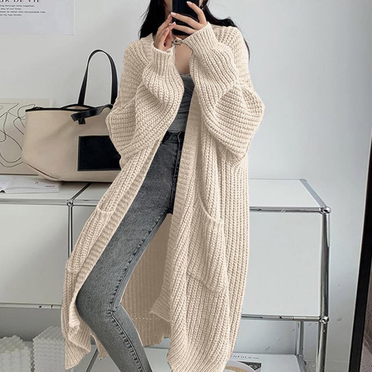 Koreanischer Stil Langer Überknie-Pullover Cardigan für Damen, Herbst- und Winter-Neue Kollektion, Lässiger Stil, Lockere und Dick Gestrickte Jacke für Damen XXXL von Joom DACH