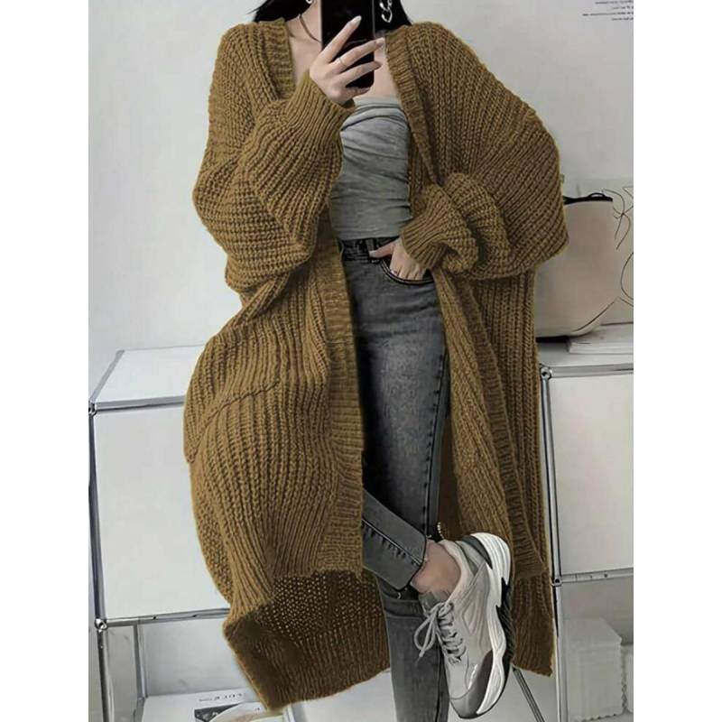 Koreanischer Stil Langer Überknie-Pullover Cardigan für Damen, Herbst- und Winter-Neue Kollektion, Lässiger Stil, Lockere und Dick Gestrickte Jacke für Damen XXXL khaki von Joom DACH