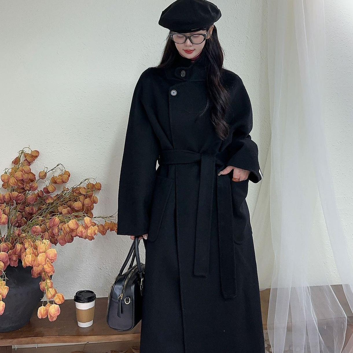 Koreanischer Stil Stehkragen Schnürung Große Tasche Taille Doppelseitiger Wollmantel für Damen Herbst und Winter Neuer Langer Lockerer Wollmantel M von Joom DACH