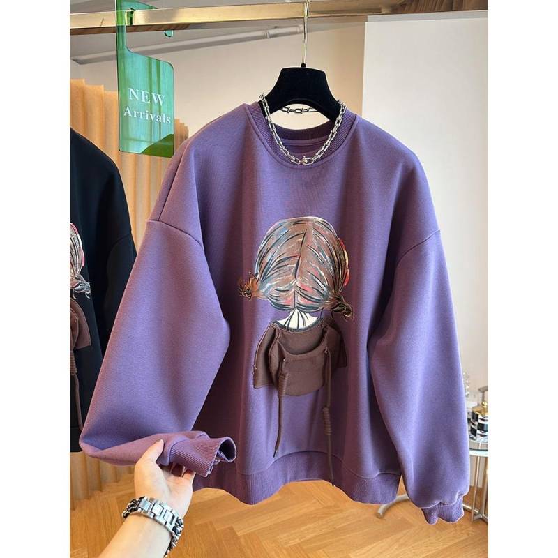 Koreanischer bedruckter Fleece-Hoodie für Damen Lockerer und Nischen-Pullover XXL violett von Joom DACH