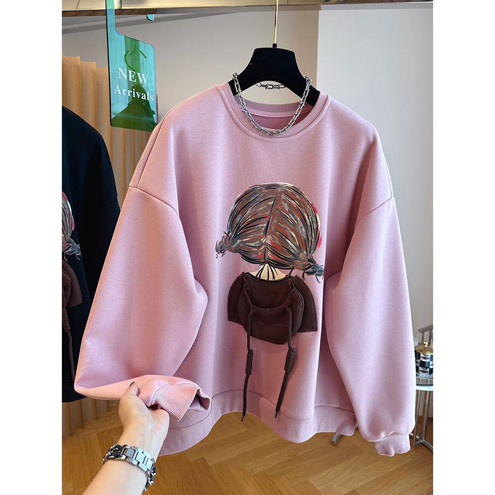 Koreanischer bedruckter Fleece-Hoodie für Damen Lockerer und Nischen-Pullover XXL rosa von Joom DACH