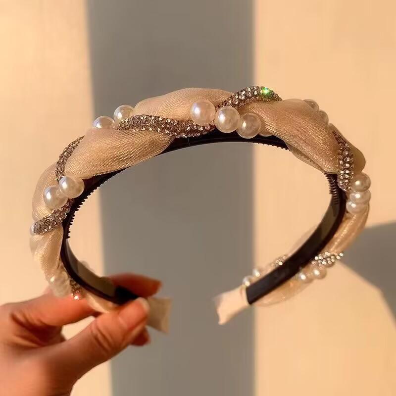 Koreanisches Doppelperlen-Strass-Stirnband aus Spitze, geflochtenes Haarband, Haarreif, Lünette, Kristall-Stirnbänder für Frauen und Mädchen, Haar-Accessoires beige von Joom DACH