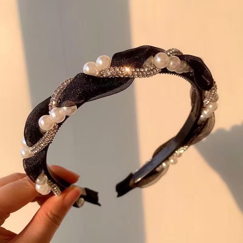 Koreanisches Doppelperlen-Strass-Stirnband aus Spitze, geflochtenes Haarband, Haarreif, Lünette, Kristall-Stirnbänder für Frauen und Mädchen, Haar-Accessoires schwarz von Joom DACH