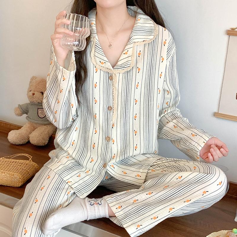 Koreanisches Frühlings- und Herbst-Pyjama-Set für Damen mit Flora-Print, Krepp-Baumwollgaze, Umlegekragen, Langarmhose, Haushaltskleidung XXL von Joom DACH