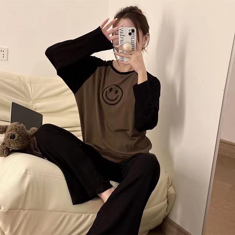 Koreanisches Smiley-Cartoon-Pyjama-Set für Damen – Langarmpullover und Hose für Herbst/Winter 2XL braun/schwarz von Joom DACH