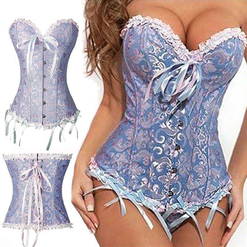 Korsett Bustier Mieder Damen Plus Size Satin Überbrust besticktes G-String Tops Korsett XXXL blau von Joom DACH