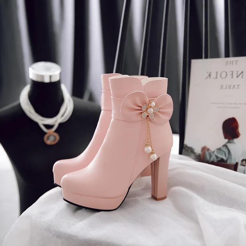 Kostenloser Versand Lady Lovely Lolita High Heel Party Hochzeitsschuhe Damen Rosa Weiß Schleife Perle Kristall Mode Stiefeletten 37 rosa von Joom DACH