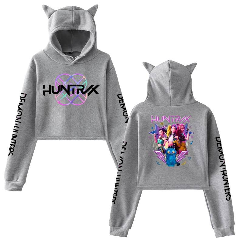Kpop Dämonenjäger Fanmerch Mira Rumi Zoey Huntrix Crop Tops Katzenohren Sweatshirt Langarm Mädchen Mode Kapuzenpullover XS grau von Joom DACH