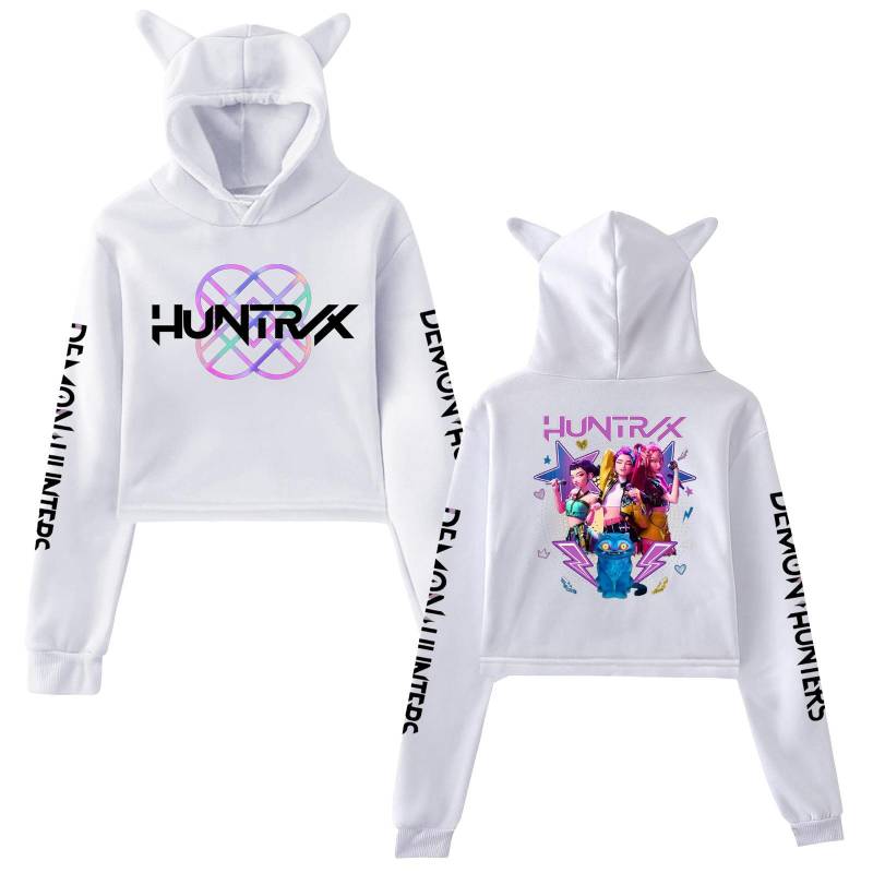 Kpop Dämonenjäger Fanmerch Mira Rumi Zoey Huntrix Crop Tops Katzenohren Sweatshirt Langarm Mädchen Mode Kapuzenpullover XS weiß von Joom DACH