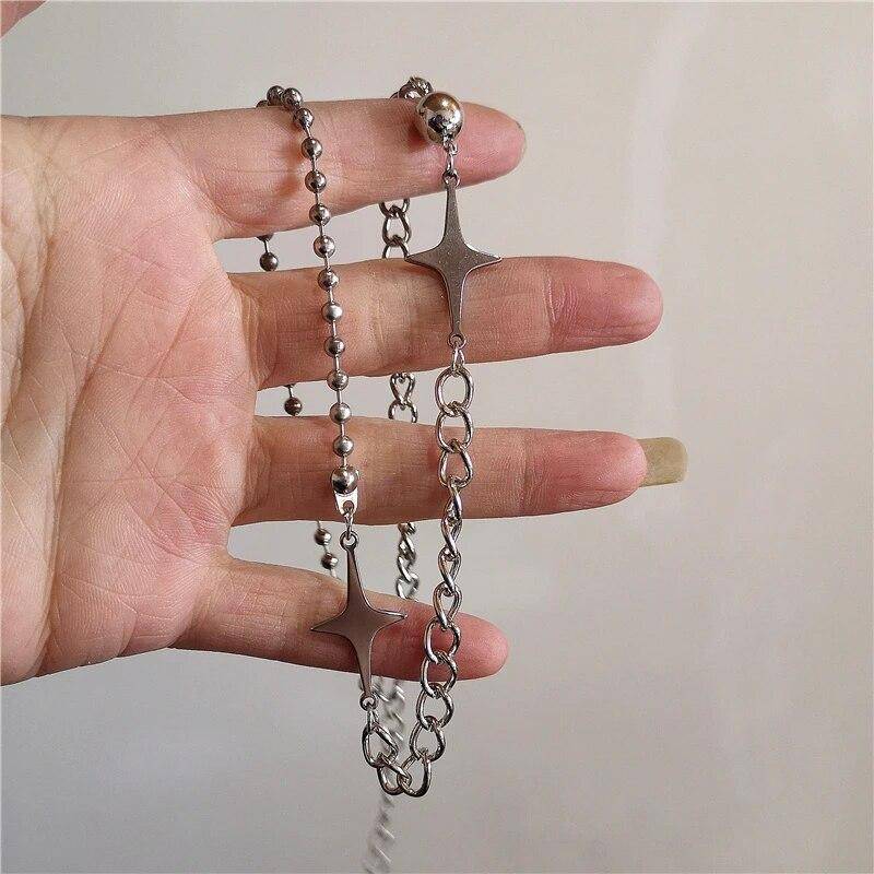 Kpop Vintage Punk Silber Farbe Stern Anhänger Perle Halskette für Männer Frauen Straße Hip Hop Ästhetischen Grunge Schmuck Y2K Zubehör 50cm von Joom DACH