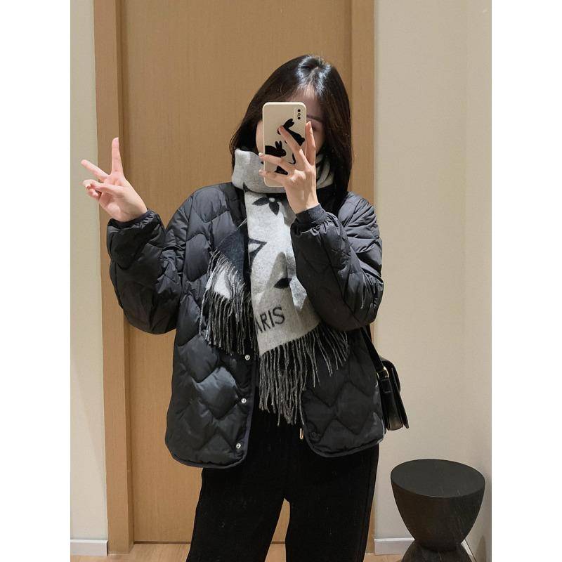 Kragenlose leichte weiße Entendaunenjacke Damen Herbst und Winter lockerer Mantel L von Joom DACH