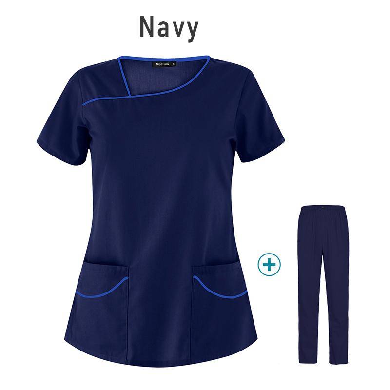Krankenpflege-Bekleidung für Damen, Uniformen, Haustierpflege-Bekleidungsset, kurzärmeliges Oberteil mit V-Ausschnitt und Hose, Arztanzüge, medizinische Chirurgie, Arbeitskleidung S dunkelblau von Joom DACH