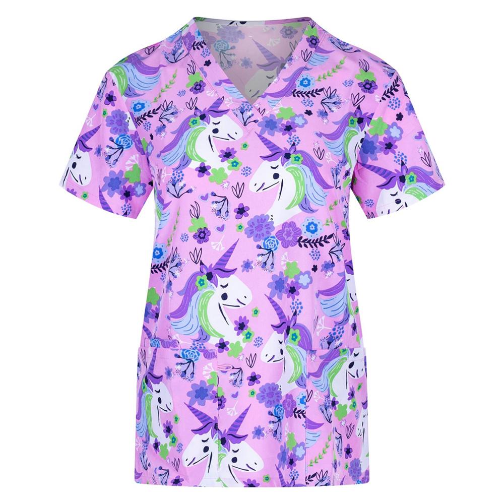 Krankenschwesteruniform für Damen, kurzärmelig, V-Ausschnitt, Arbeitskleidung, Blumendruck, Arbeitsuniform, Frau, lässig, medizinische Klinik, Krankenpflege, Bluse 2XL von Joom DACH