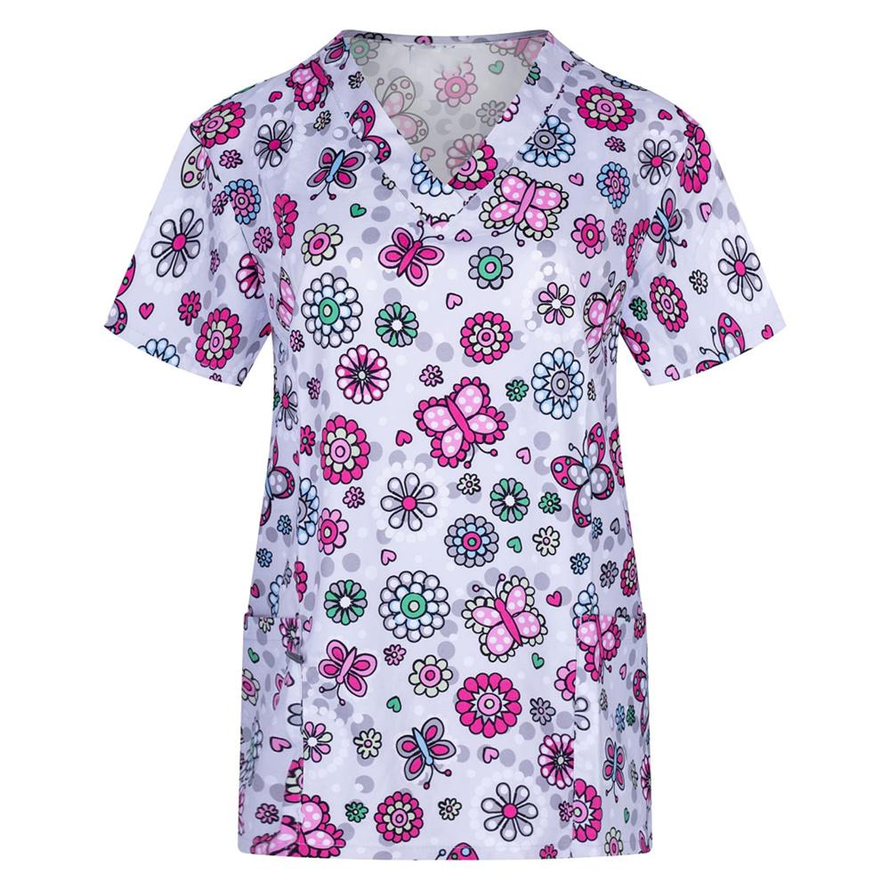 Krankenschwesteruniform für Damen, kurzärmelig, V-Ausschnitt, Arbeitskleidung, Blumendruck, Arbeitsuniform, Frau, lässig, medizinische Klinik, Krankenpflege, Bluse 5XL von Joom DACH