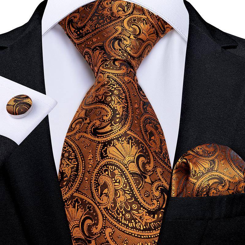 Krawatten-Set für Herren, goldfarben, schwarz, Paisley-gestreift, Seidenkrawatte, Einstecktuch, Manschettenknöpfe-Set für Business N-1551 von Joom DACH