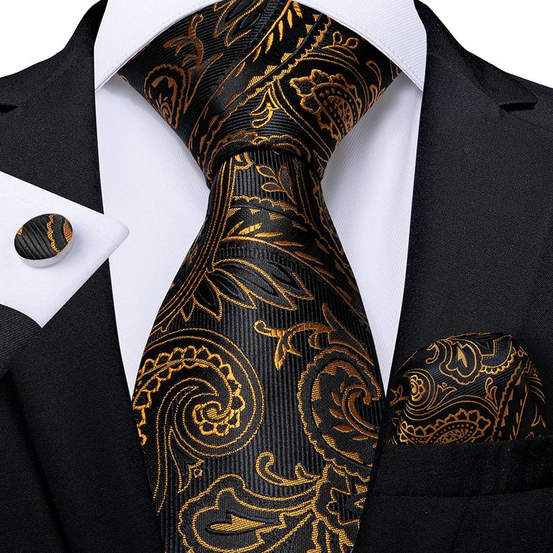 Krawatten-Set für Herren, goldfarben, schwarz, Paisley-gestreift, Seidenkrawatte, Einstecktuch, Manschettenknöpfe-Set für Business N-7052 von Joom DACH